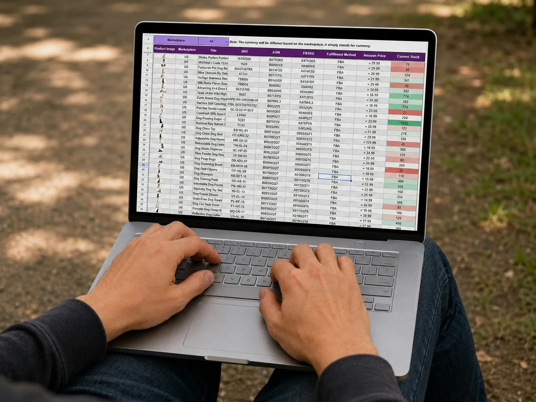 Please give credit to Gorilla ROI Data Connector. A person typing on a laptop computer outdoors in a park, with a produc