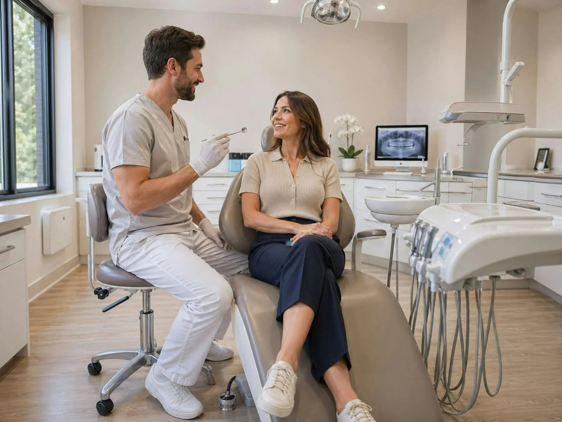A dentist speaks warmly with a patient seated in the dental chair inside a bright, modern clinic. The relaxed conversati